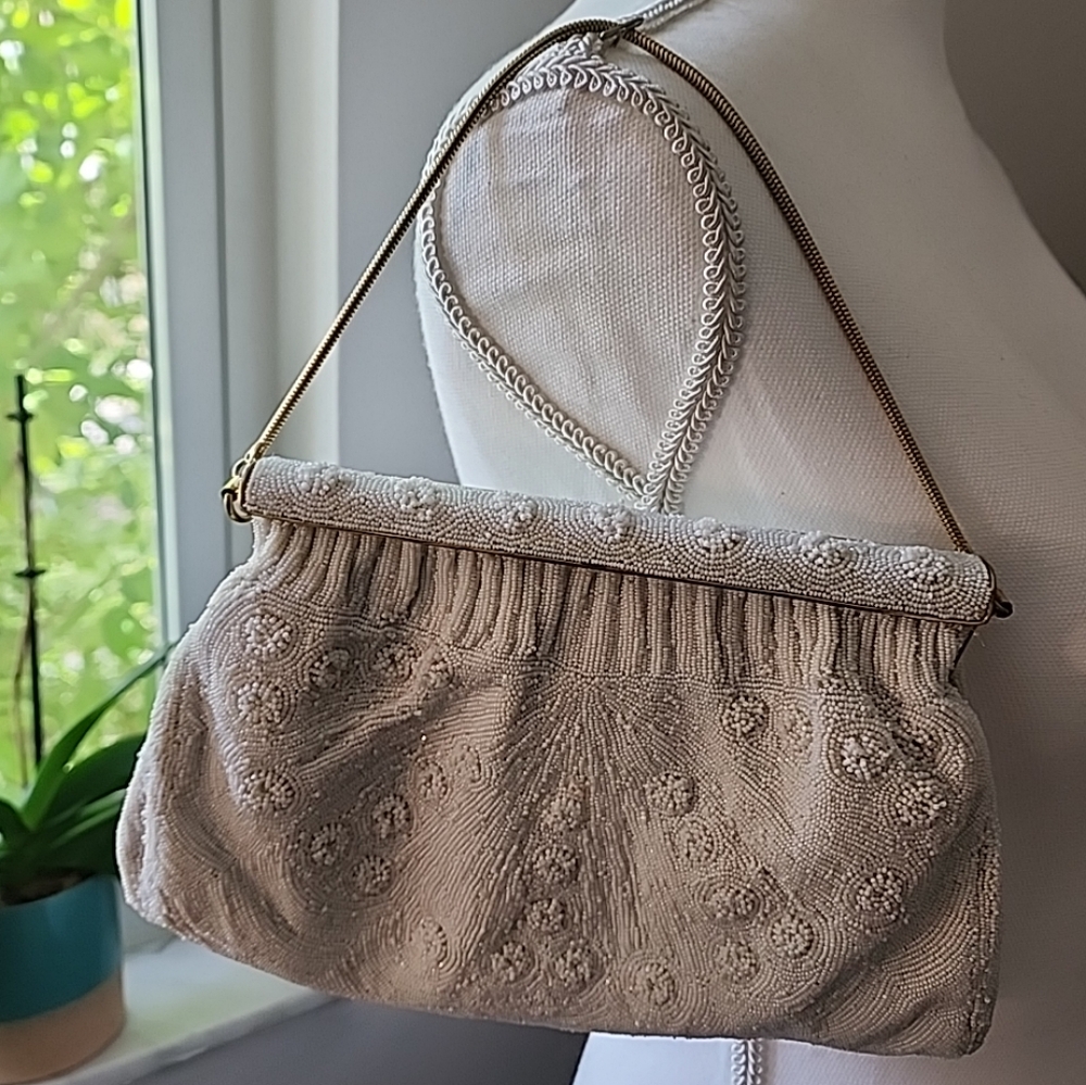 Morabito Vintage glass micro beaded Bag Lined in red Silk. Made In France.